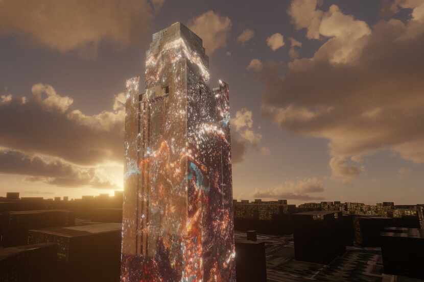 A render of Pioneer Tower Dreams, a projection by Refik Anadol created for New Stories: New...