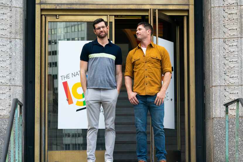 Billy Eichner (left) and Luke Macfarlane star in "Bros," the first gay rom-com from a major...