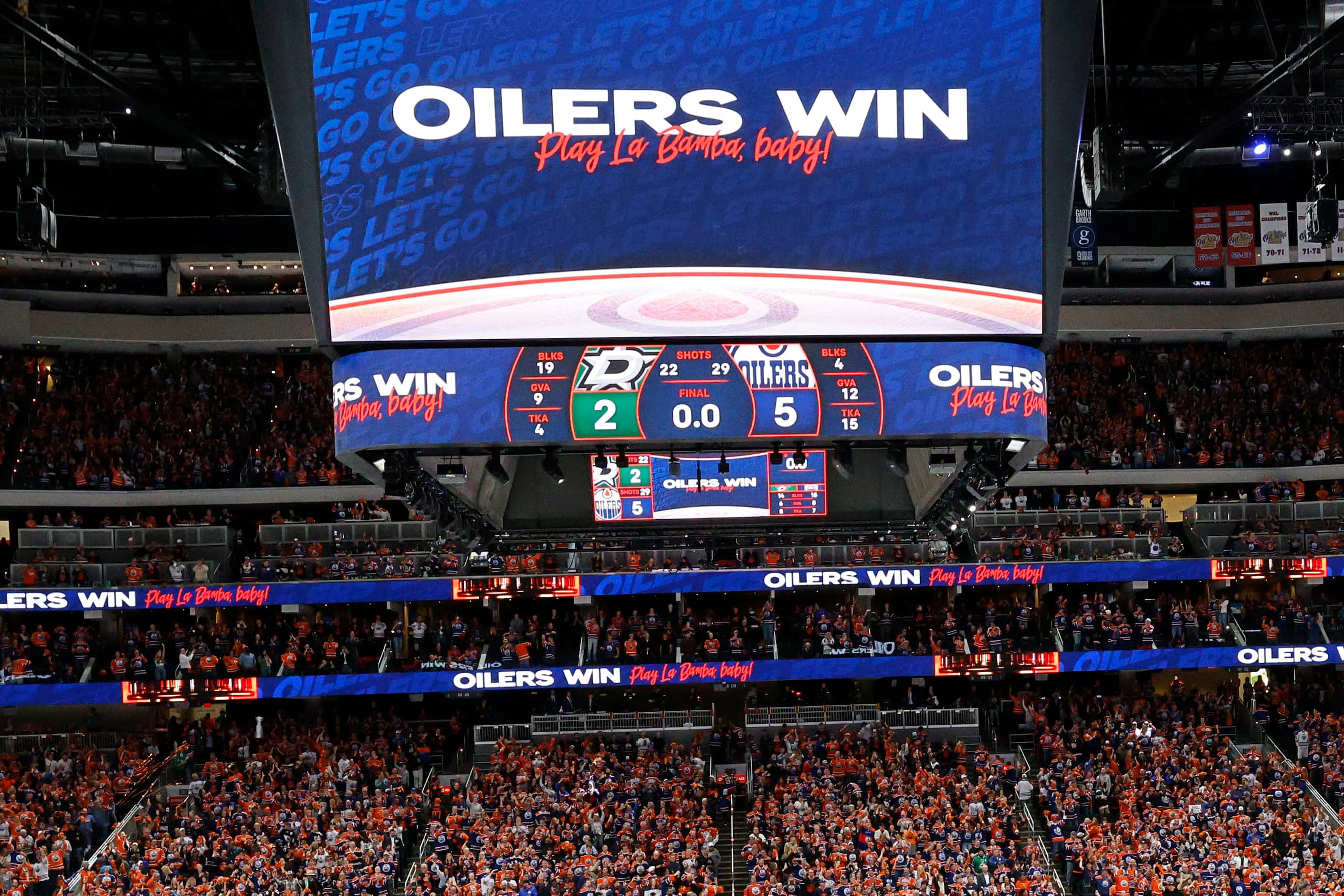 The scoreboard is seen after Game 4 of the NHL hockey Stanley Cup Western Conference finals...