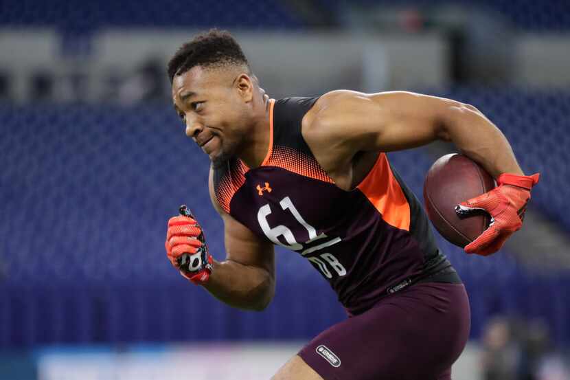 Michigan State defensive back Khari Willis runs a drill at the NFL football scouting combine...
