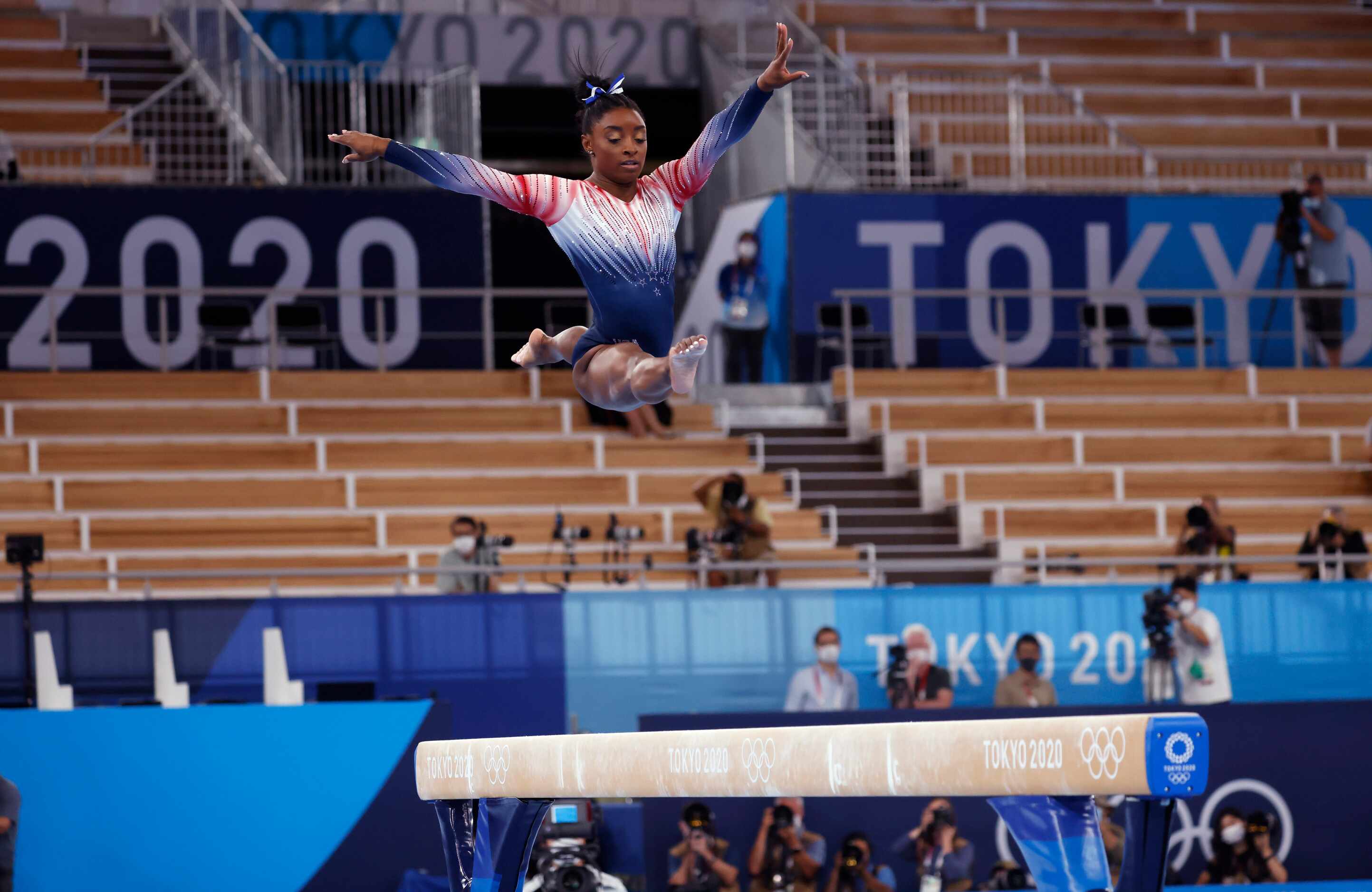 USA’s Simone Biles competes in the women’s balance beam final at the postponed 2020 Tokyo...