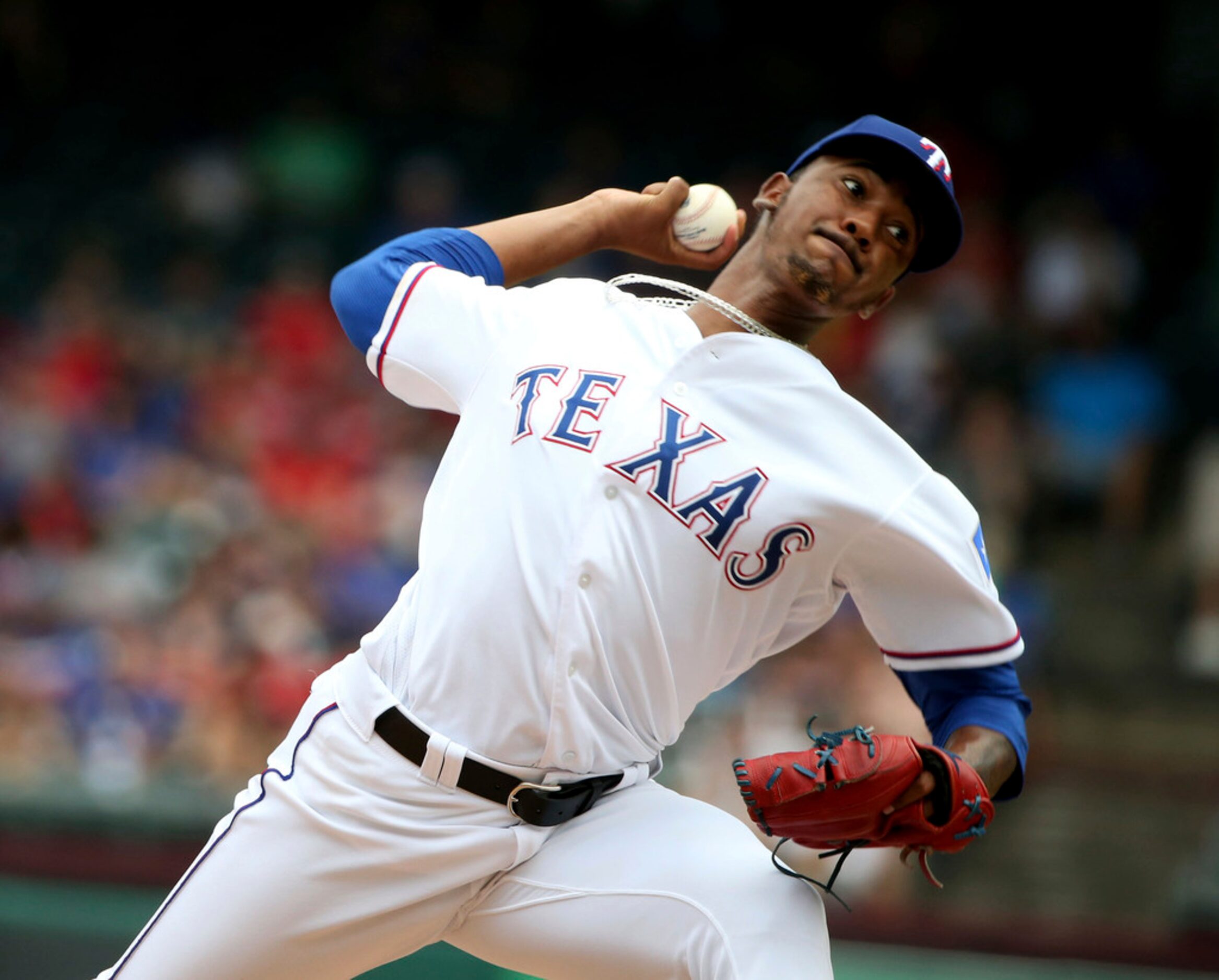 Texas Rangers relief pitcher Emmanuel Clase (43) pitches in his first major league game...