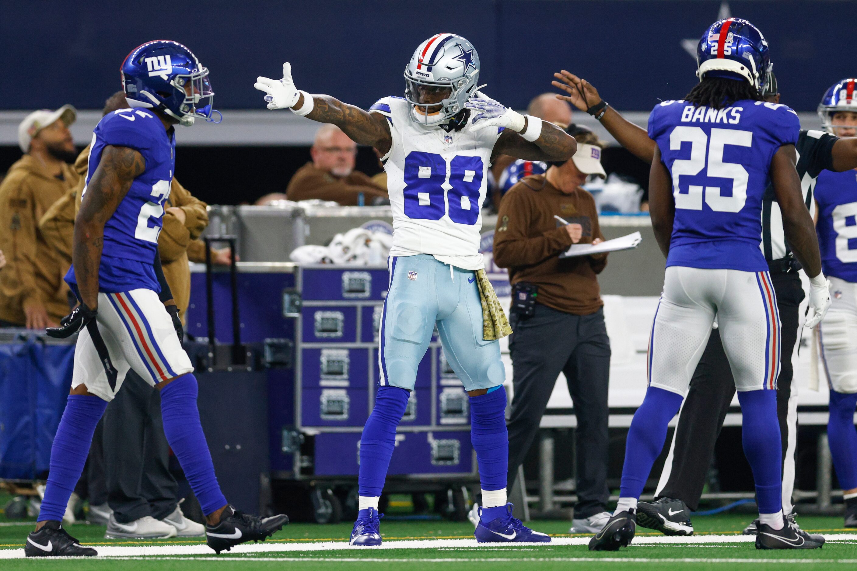 Dallas Cowboys wide receiver CeeDee Lamb (88) celebrates after a catch for a first down...