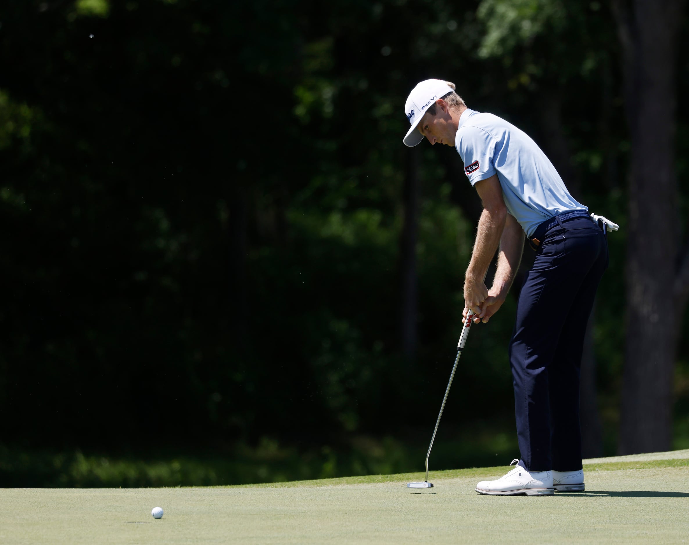 Will Zalatoris watches his putt on the 9th hole during round 1 of the AT&T Byron Nelson  at...
