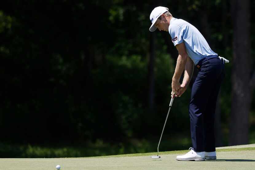 Will Zalatoris watches his putt on the 9th hole during round 1 of the AT&T Byron Nelson  at...
