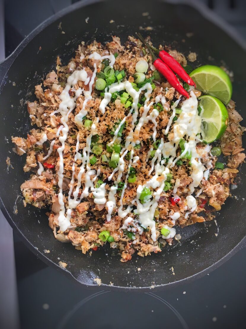 Sisig (chopped crispy pork belly, pig ears, liver pate, garlic aioli, scallions, green...