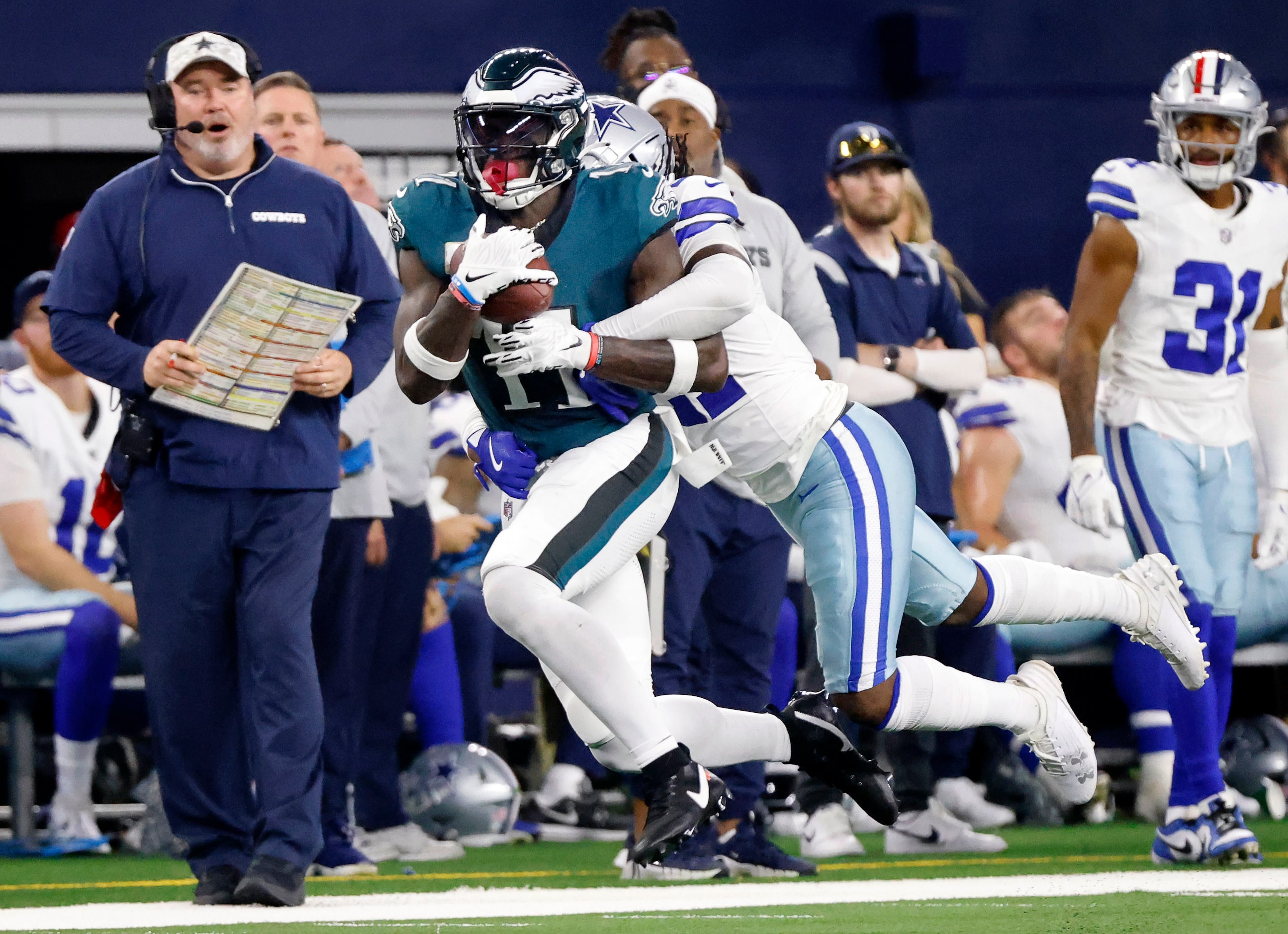 Dallas Cowboys cornerback Caelen Carson (21) catches Philadelphia Eagles wide receiver A.J....