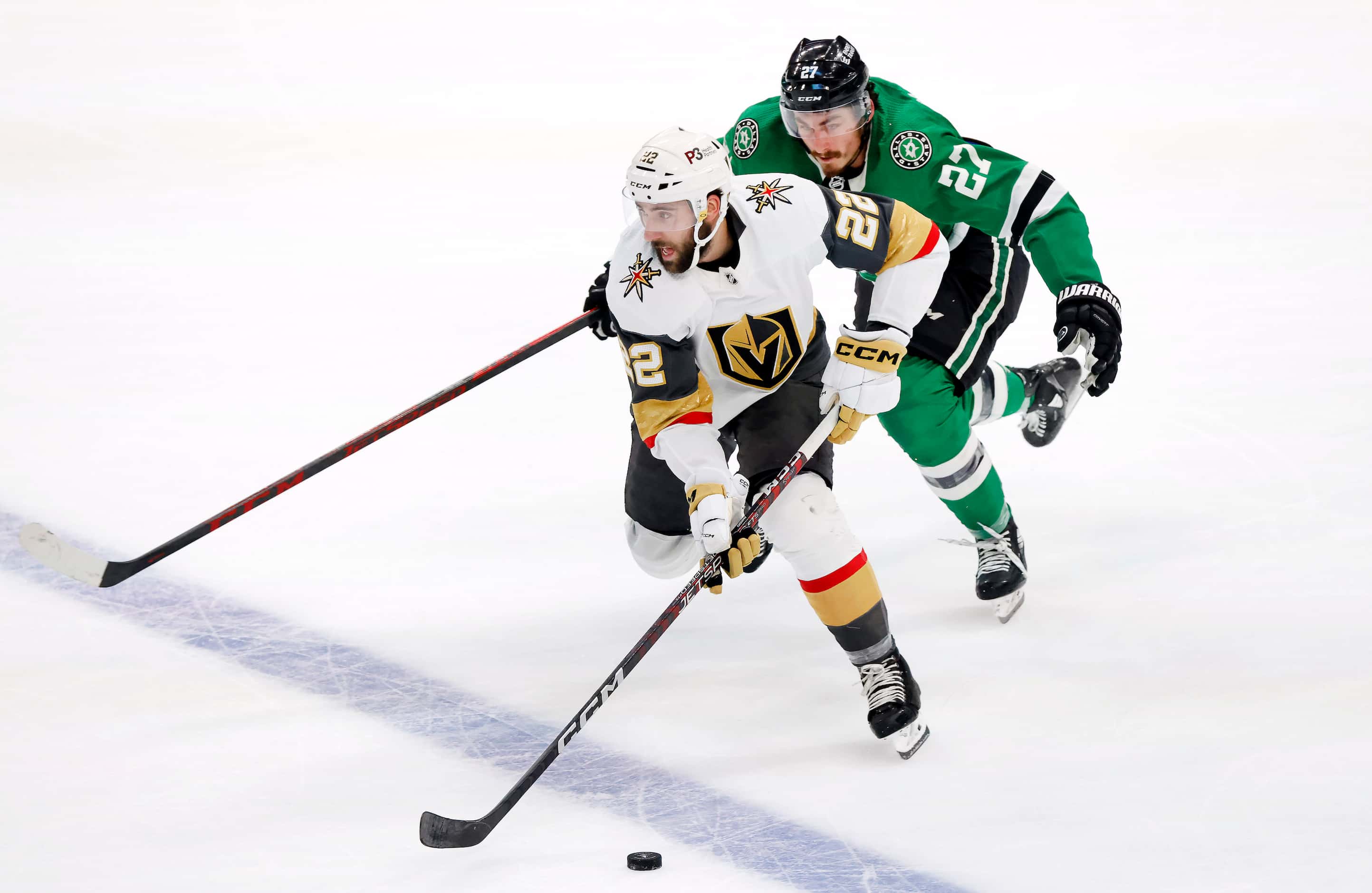 Dallas Stars left wing Mason Marchment (27) gives chase to Vegas Golden Knights right wing...