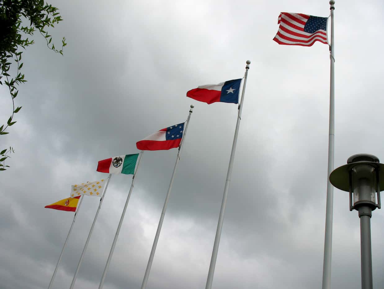 The six flags that have flown over Texas include (from left) Spain, France, Mexico, the...