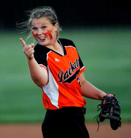 FILE — Rockwall first baseman  Elizabeth Schaefer (21) gestures to a teammate after making a...