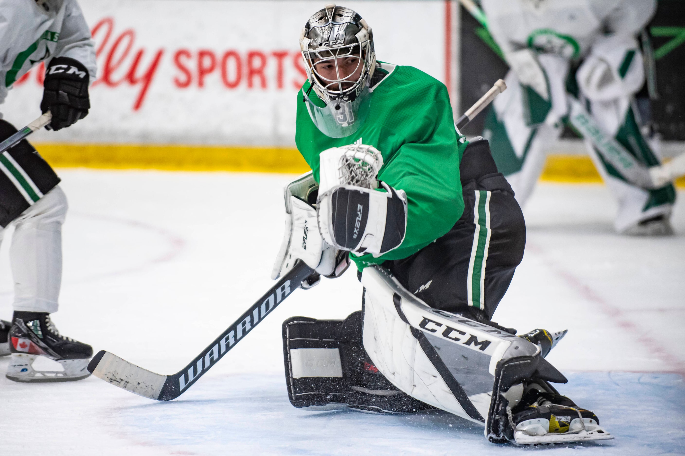 Goaltender Remi Poirier (50) attempts to stop a shot during the 2022 Dallas Stars...