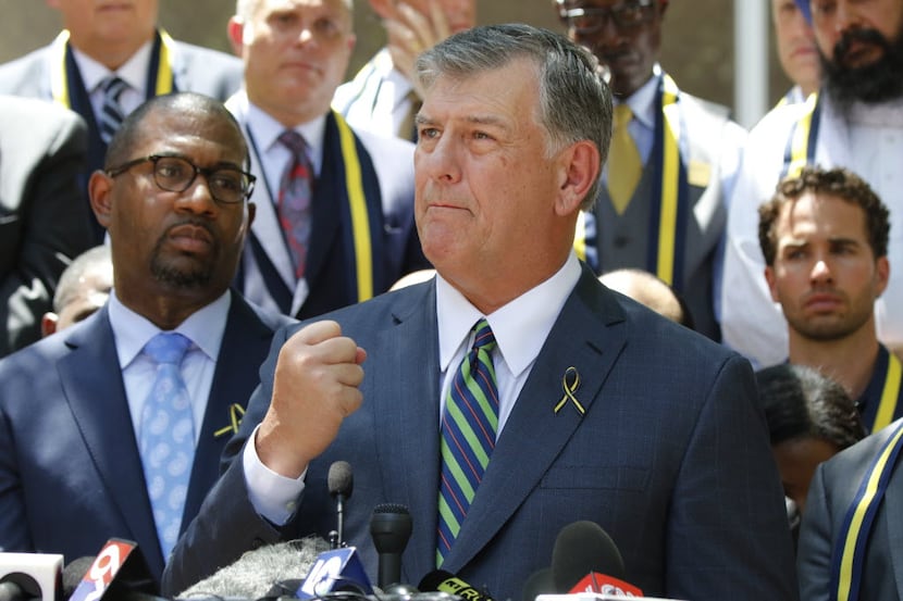 Dallas Mayor Mike Rawlings spoke at  a citywide prayer service in downtown Dallas on July 8,...
