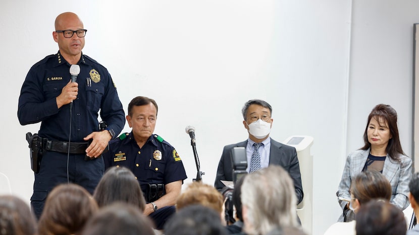 From left, Dallas police Chief Eddie García speaks during a Dallas Police Department safety...