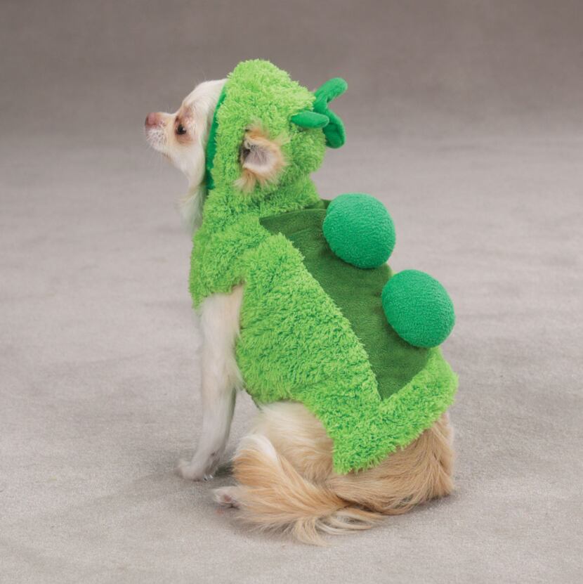 The green plush one-piece from PetEdge is secured with Velcro. It comes in five sizes from...
