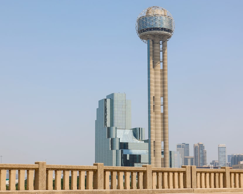 Reunion Tower and the Hyatt Regency overlook Houston St. on Saturday, May 27, 2023. 