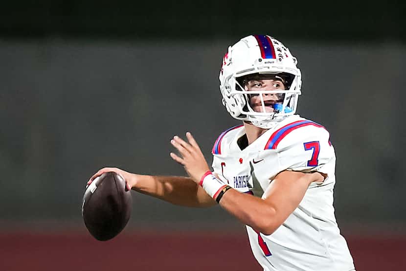 Parish Episcopal quarterback Sawyer Anderson (7) throws a pass during the second half of a...