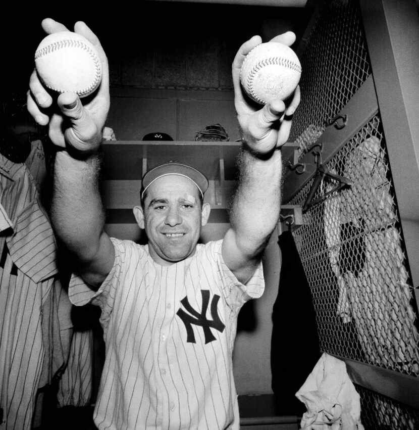 FILE - This Aug. 20, 1959 file photo shows New York Yankee's Yogi Berra as he talked about...