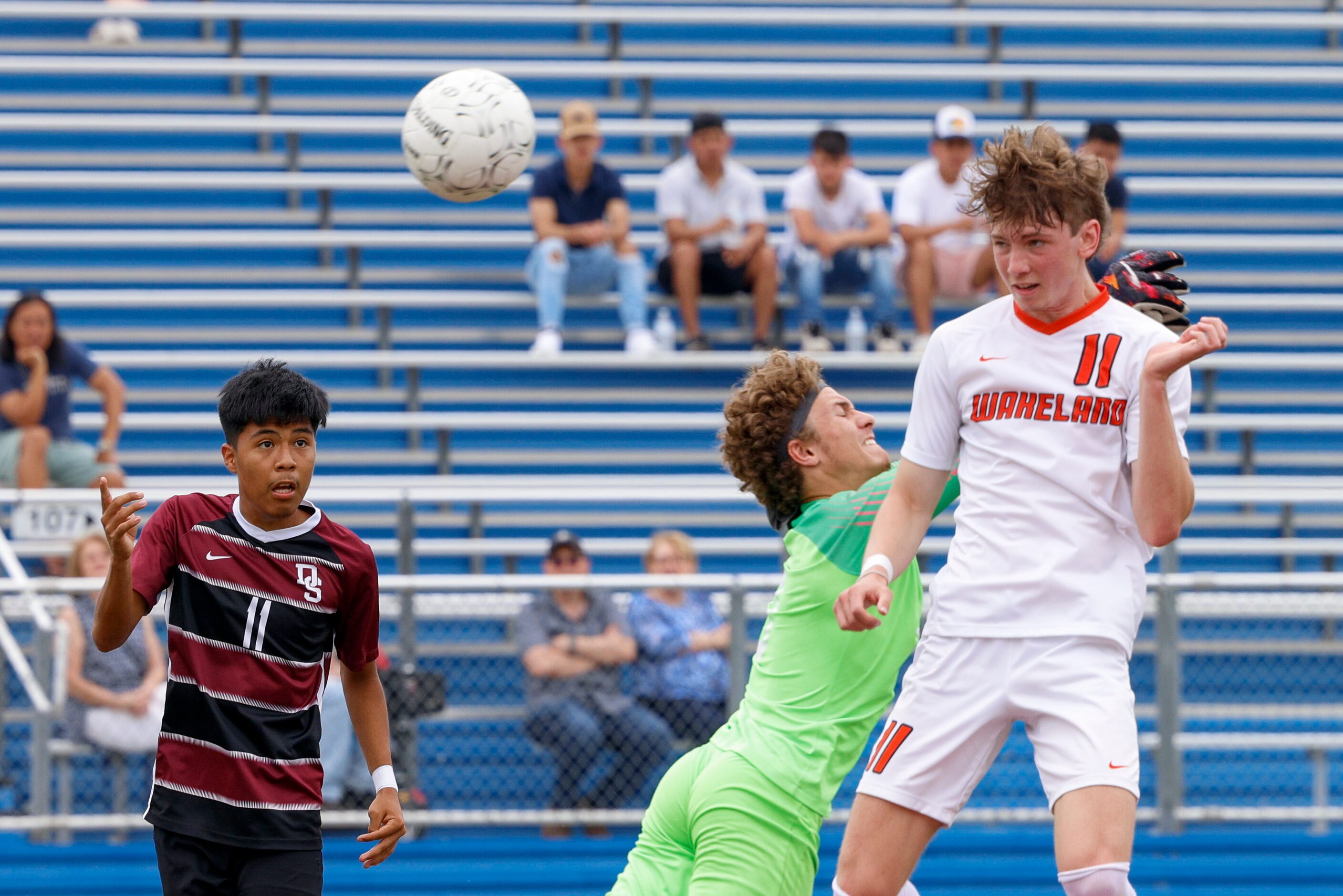 Frisco Wakeland forward William Heidman (11) scores off a header ahead of Dripping Springs...