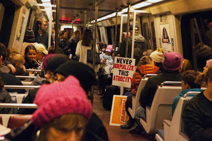 A Washington D.C. Metro car carrying protesters leaving the Women's March on D.C. Saturday...