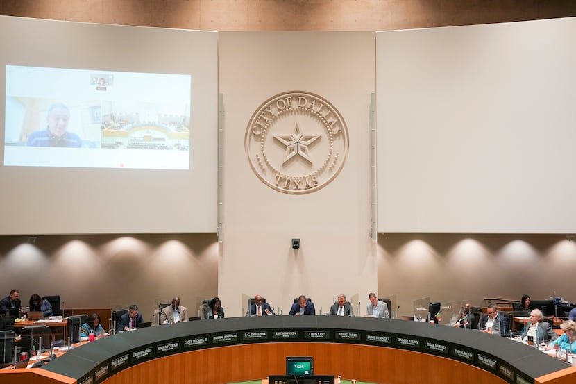 Members of the Dallas City Council listen to public comment during a briefing on June 15,...