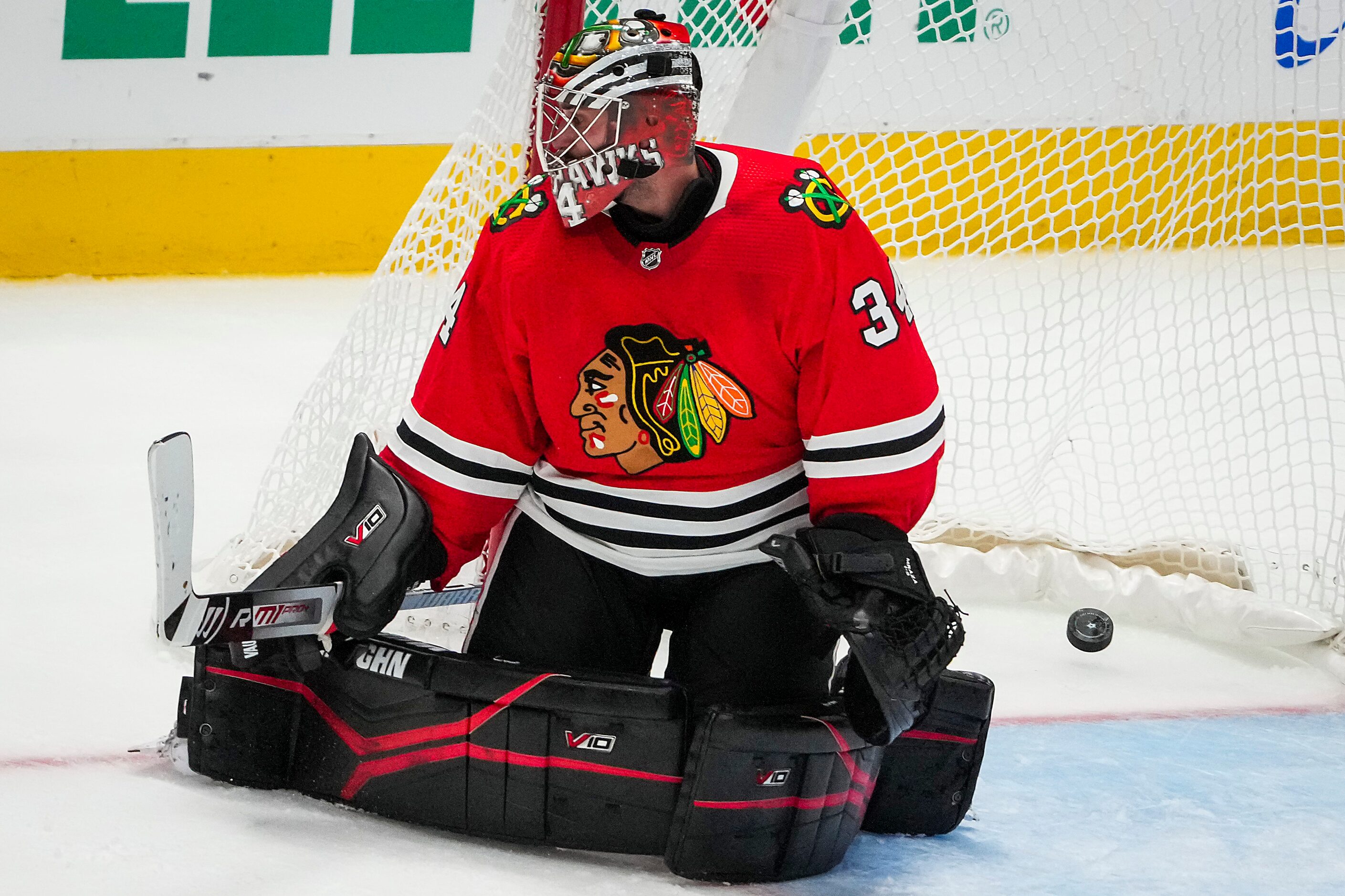 A shot by Dallas Stars left wing Mason Marchment gets past Chicago Blackhawks goaltender...