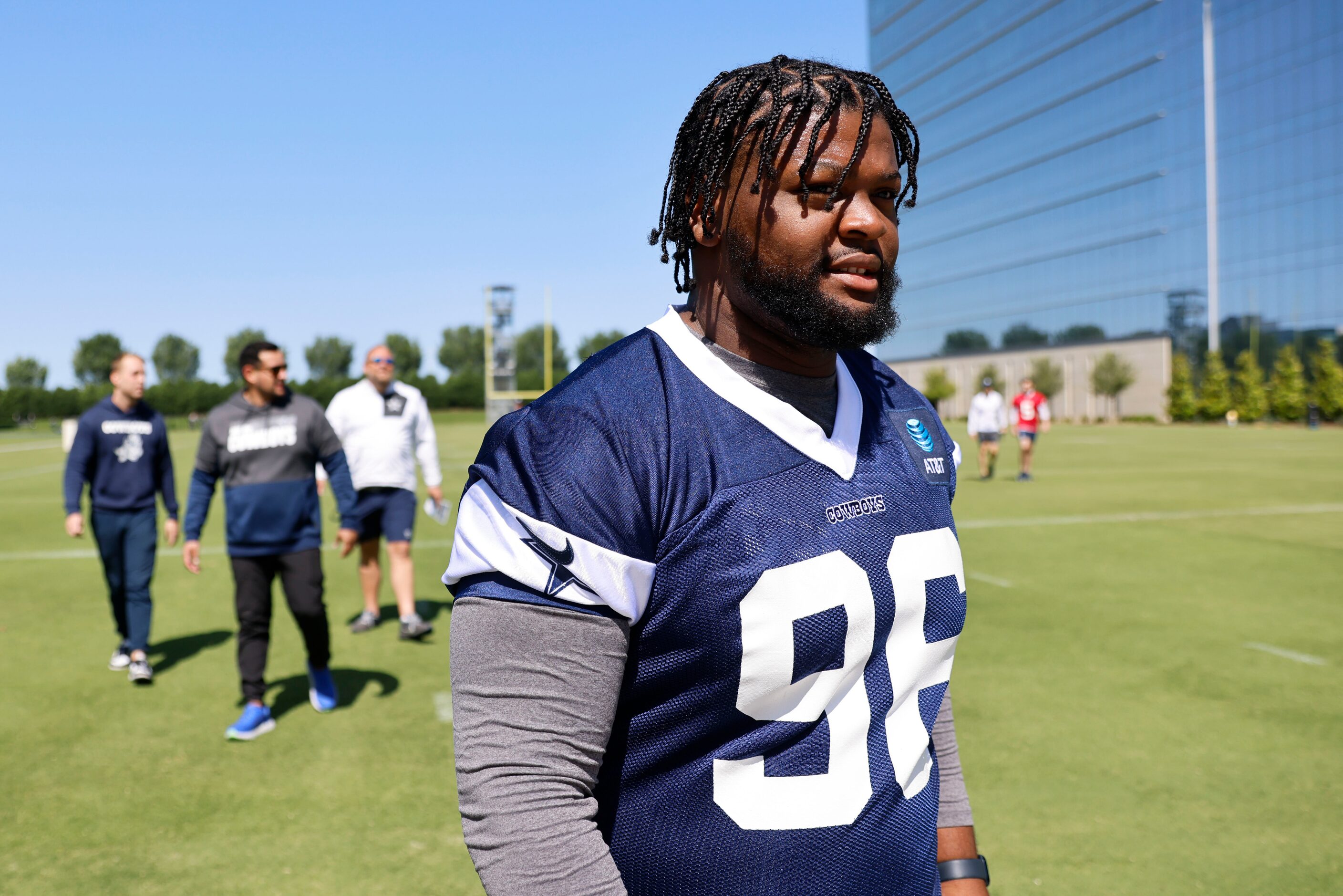 Dallas Cowboys defensive tackle Justin Rogers exits the field following a rookie minicamp,...