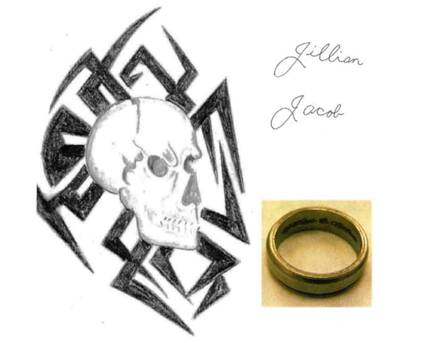 He had two tattoos: a skull with a tribal design on his right shoulder and the names Jillian...