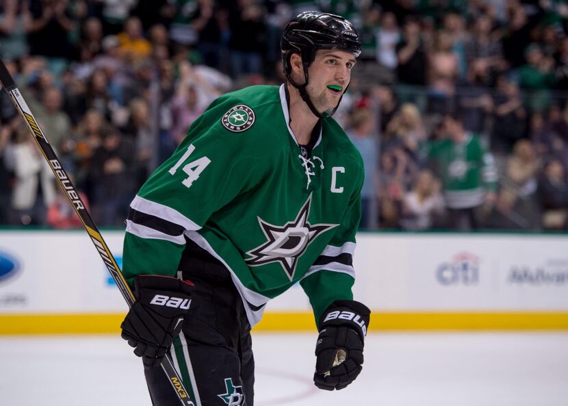 Apr 3, 2015; Dallas, TX, USA; Dallas Stars left wing Jamie Benn (14) scores two goals...