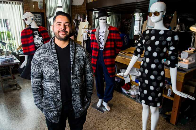 Dallas-based designer Mario Alberto Gallegos poses for a portrait with selections from the...