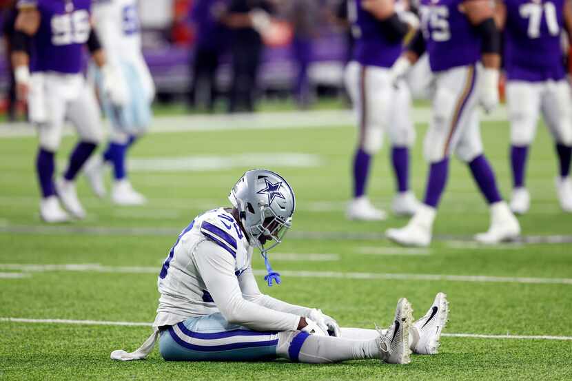 Dallas Cowboys defensive end Tarell Basham (93) sits in disgust after being called for a...