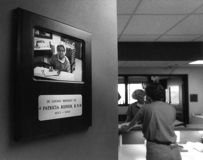 A plaque honoring the memory of Patricia Risner, a former Parkland nurse, hangs in the...