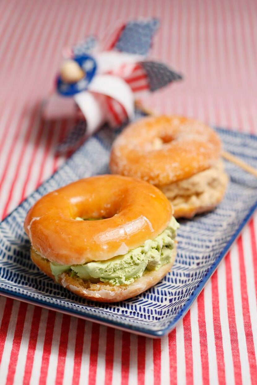 Donuts and Coffee and Tea Ice Cream: credit Striped Tablecloth - Crate and Barrel, Blue...