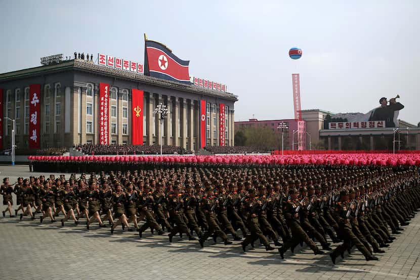 FILE - In this April 15, 2017, file photo, soldiers march across Kim Il Sung Square during a...