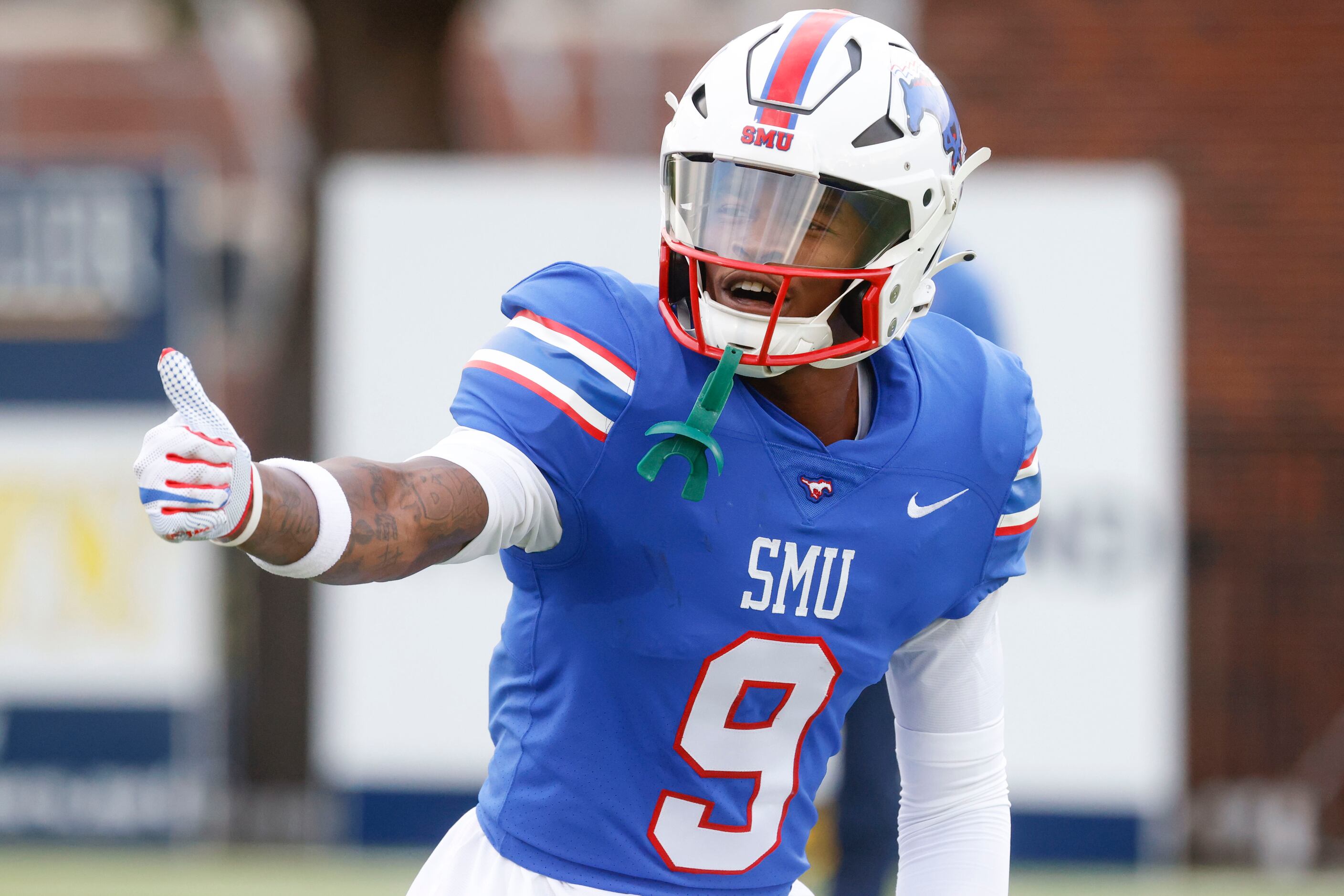 Southern Methodist defensive end Nelson Paul shows a thumbs up during an annual spring game...