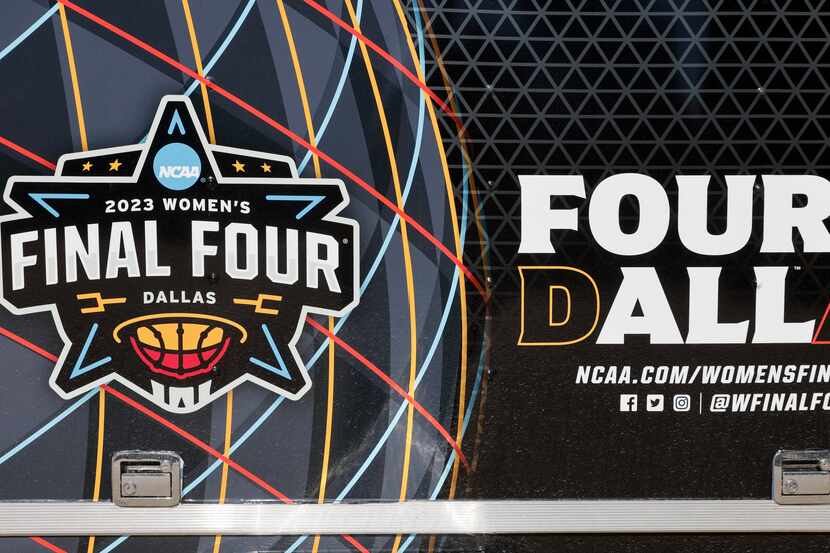 The 2023 NCAA Women’s Final Four logo pictured at the American Airlines Center in Dallas,...