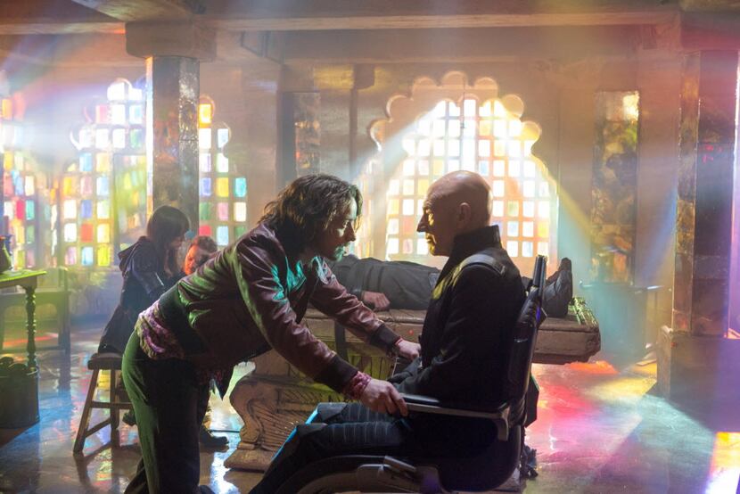 This image released by 20th Century Fox shows James McAvoy, left, and Patrick Stewart in...