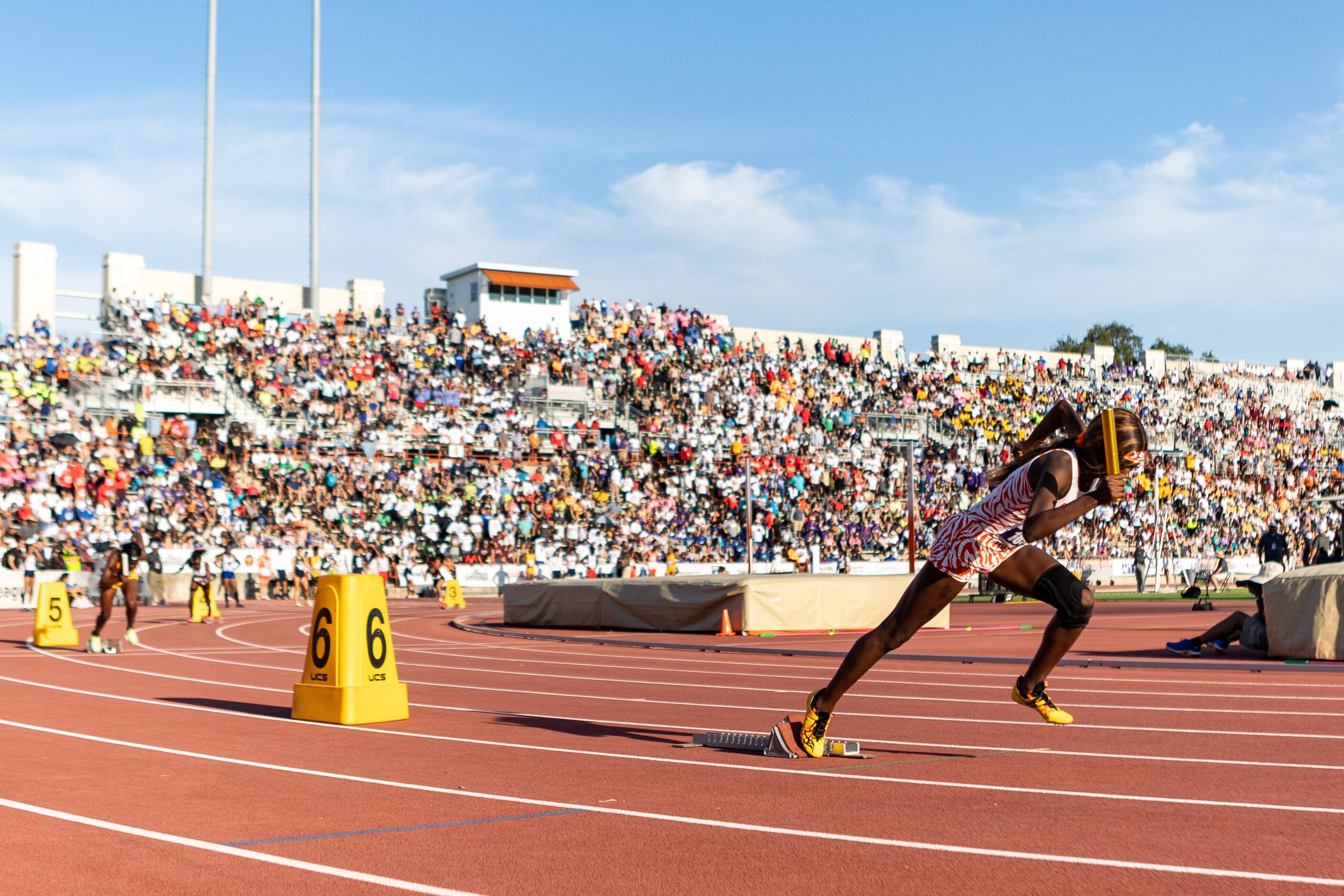 Leeira Williams leads off the girls’ 4x200 relay for Lancaster at the UIL Track & Field...