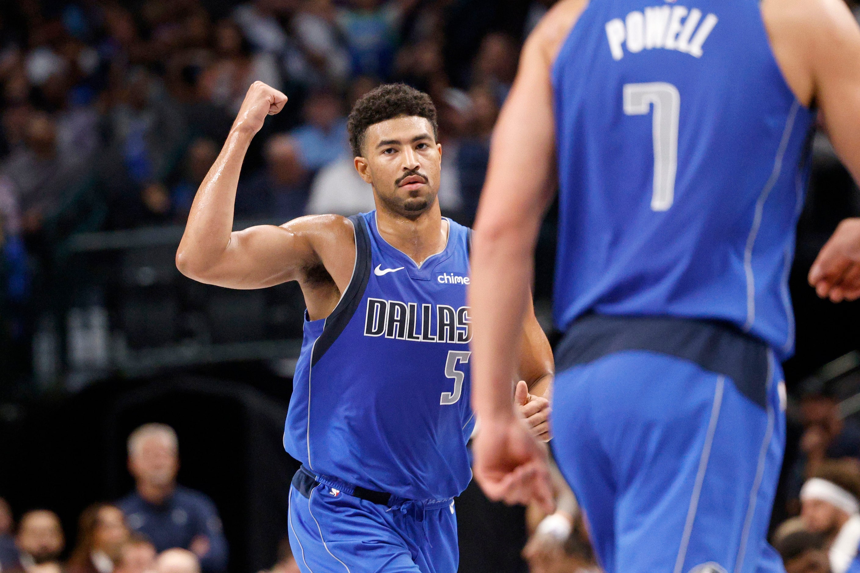 Dallas Mavericks guard Quentin Grimes (5) pumps up after scoring against the Chicago Bulls...