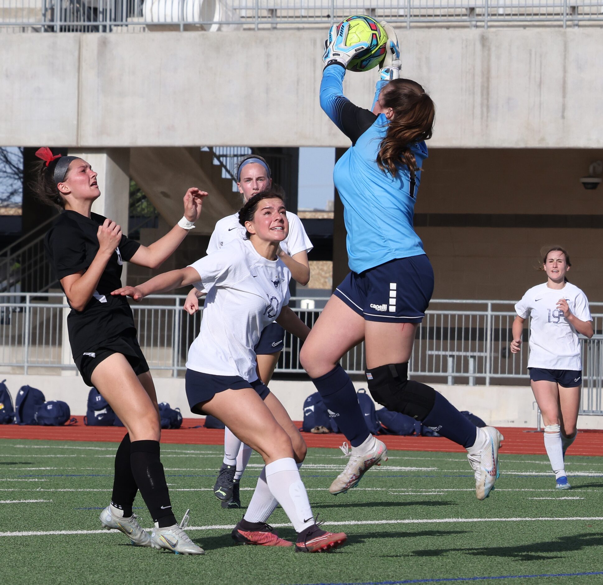 Richardson JJ Pearce goalkeeper Macy Morgan (1) leaps to make a save during first half...