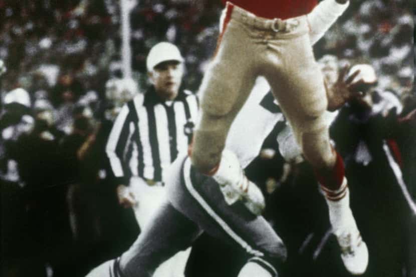 FILE  - In this Jan. 10, 1982, file photo, San Francisco 49ers wide receiver Dwight Clark...