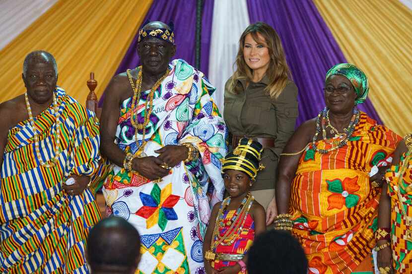 First lady Melania Trum ( second from right) and Osabarimba Kwesi Atta II, the chieftain of...