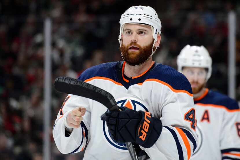 ST PAUL, MN - APRIL 2: Zack Kassian #44 of the Edmonton Oilers looks on before a face-off...