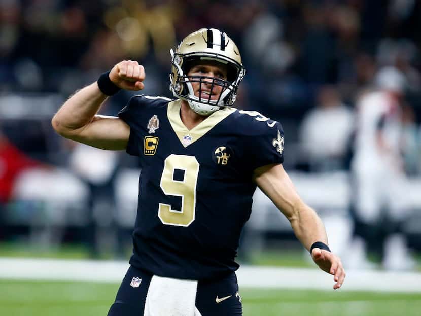 FILE - In this Nov. 22, 2018, file photo, New Orleans Saints quarterback Drew Brees reacts...