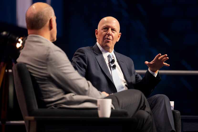 AT&T CEO John Stankey (left) and Goldman Sachs CEO David Solomon chatted during the keynote...