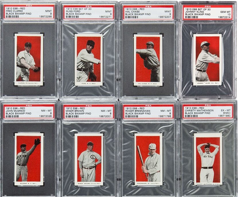 Some of the more than 700 well-preserved 1910 baseball cards found in the attic of a house...