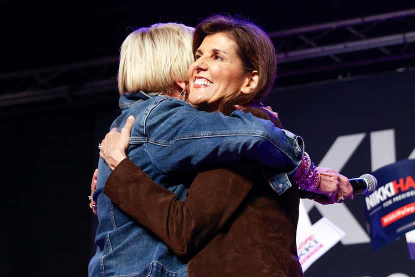 Former Fort Worth Mayor Betsy Price (left) hugs Republican presidential candidate Nikki...