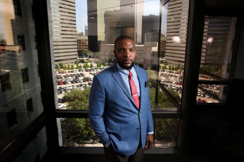 Attorney Lee Merritt in his downtown Dallas office building.