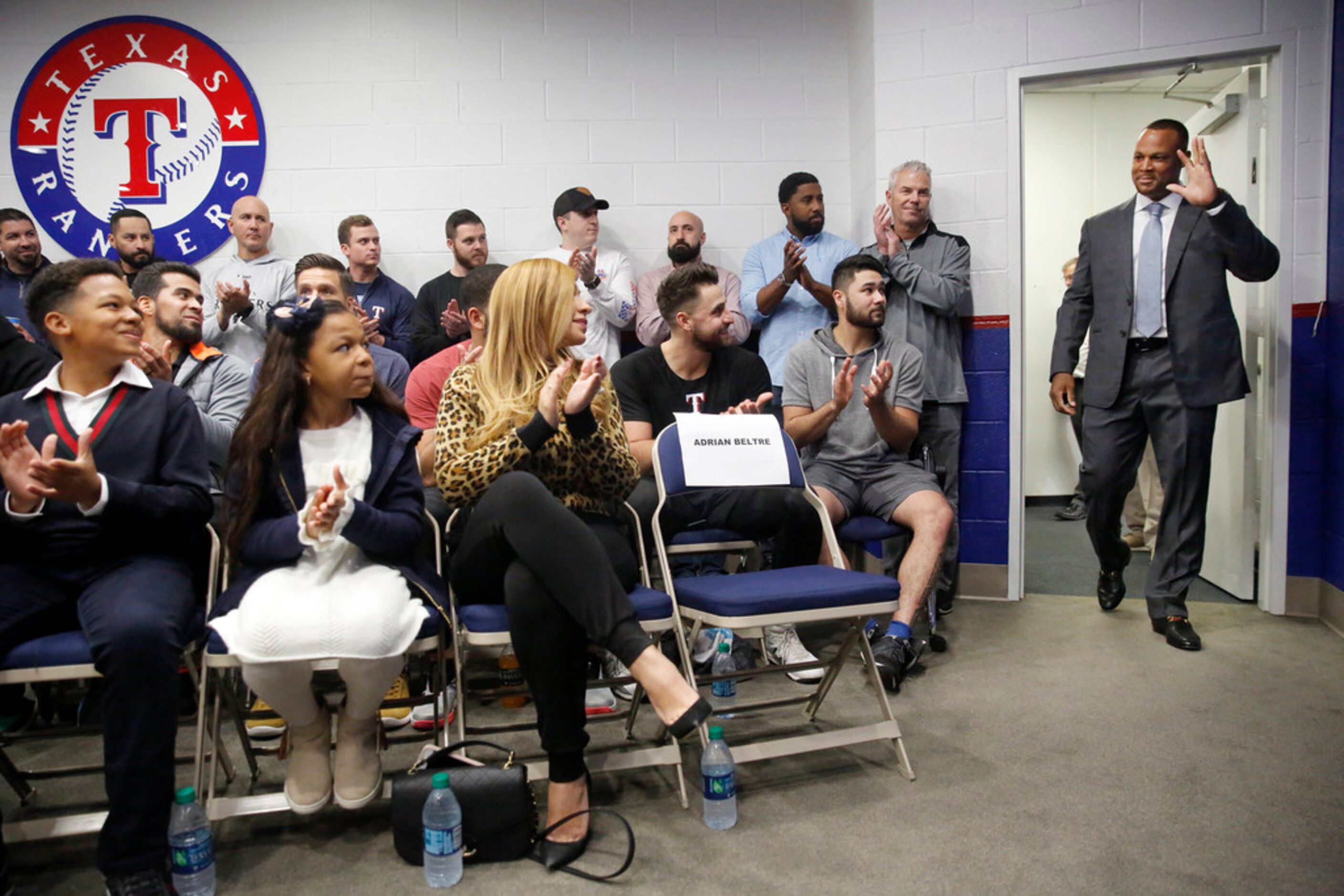 Former Texas Rangers third baseman Adrian Beltre waves as he's introduced by ballpark...