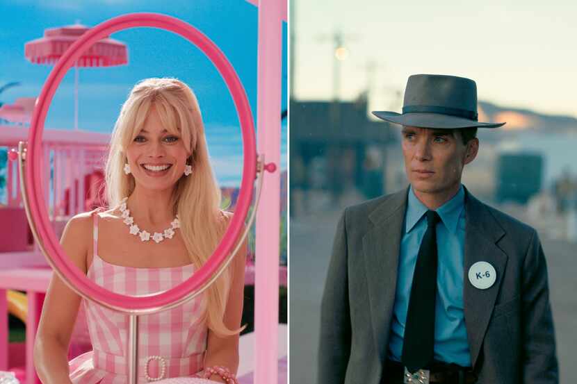 This combination of images shows Margot Robbie in a scene from "Barbie," left, and Cillian...