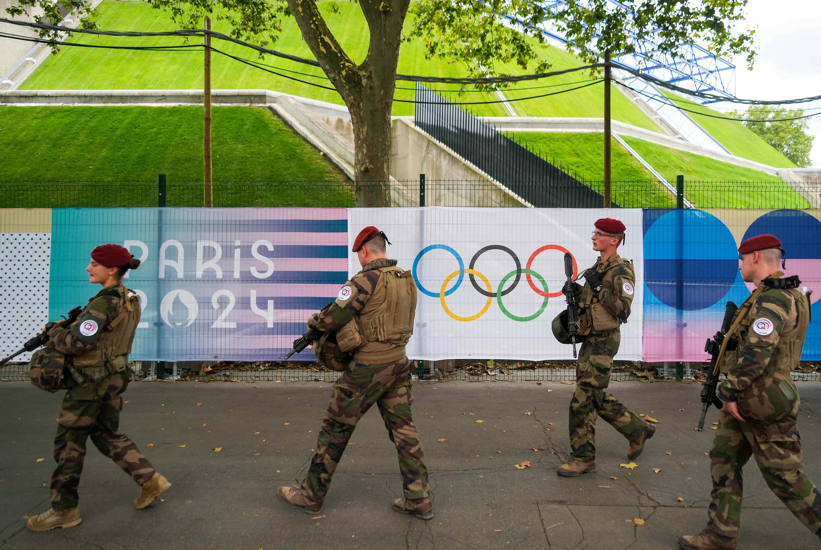 Security forces patrol outside Bercy Arena, the venue for gymnastics and and the final...